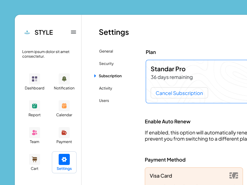 Daily UI Challenge Day 27 - Subscription Settings backoffice billling branding daily ui challenge dashboarddesign design figma illustration saas setting settingpage subscription subscriptionmanagement ui ui ux design uidesign webdesign