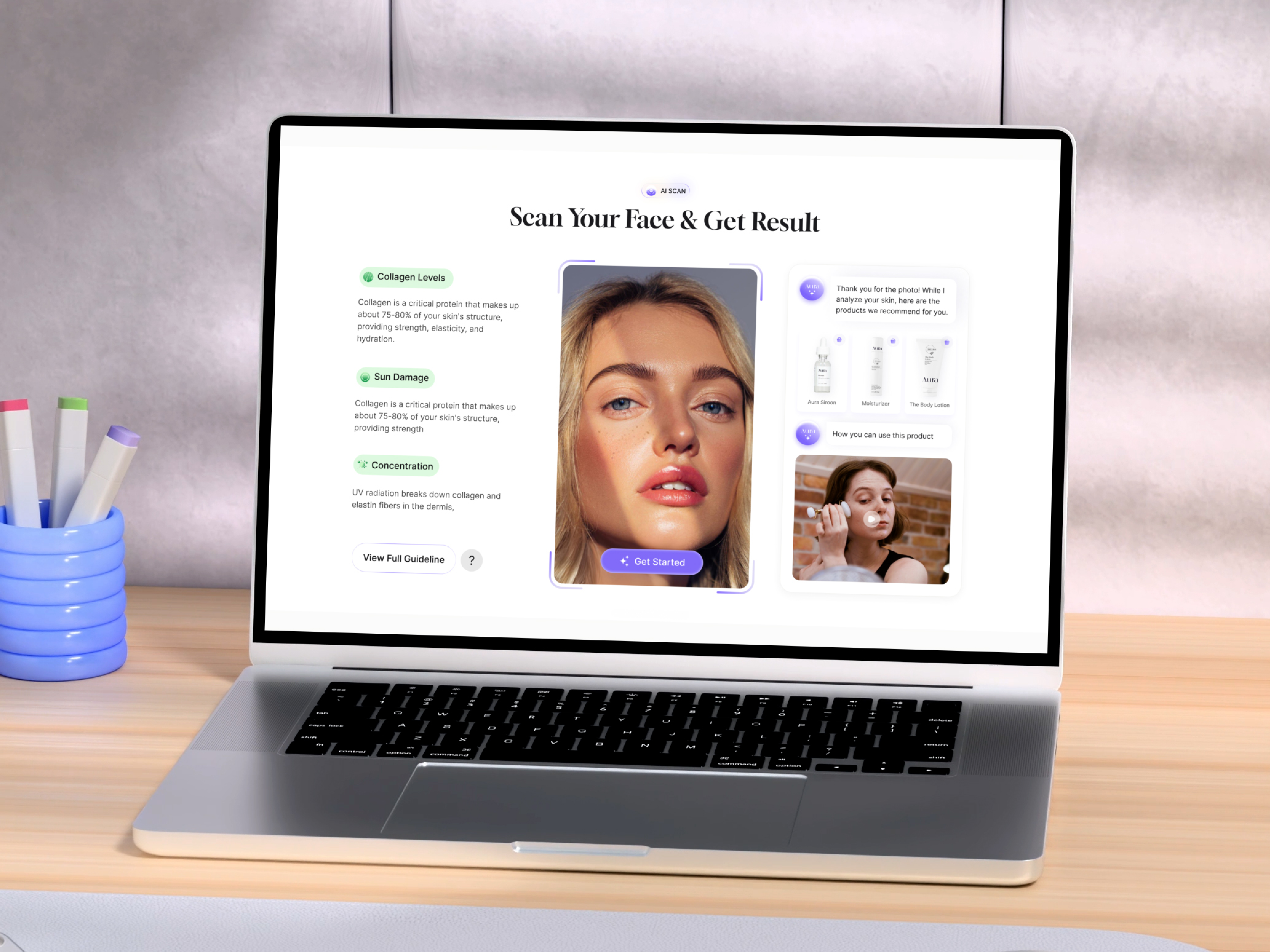 AI-powered skincare landing page design - Aura ai ai powered app ai powered website animation app design beauty care beauty shopping cleanui cosmetics designinspiration landing page design mobile app responsive web design skincare skincare packaging uiuxdesign ux ui uxdesign web design website design