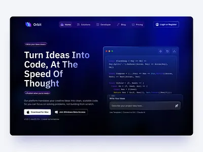 Orbit - The AI Code Editor Landing Page ai code editor design landing page mockup preview shots software ui ui design web web design