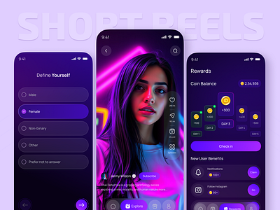 Short Reels Streaming Mobile App Design app app design dark mood design graphic design instagram ios live mobile app netflix popular reels rewards shorts social app streaming streaming app tiktok ui uiux