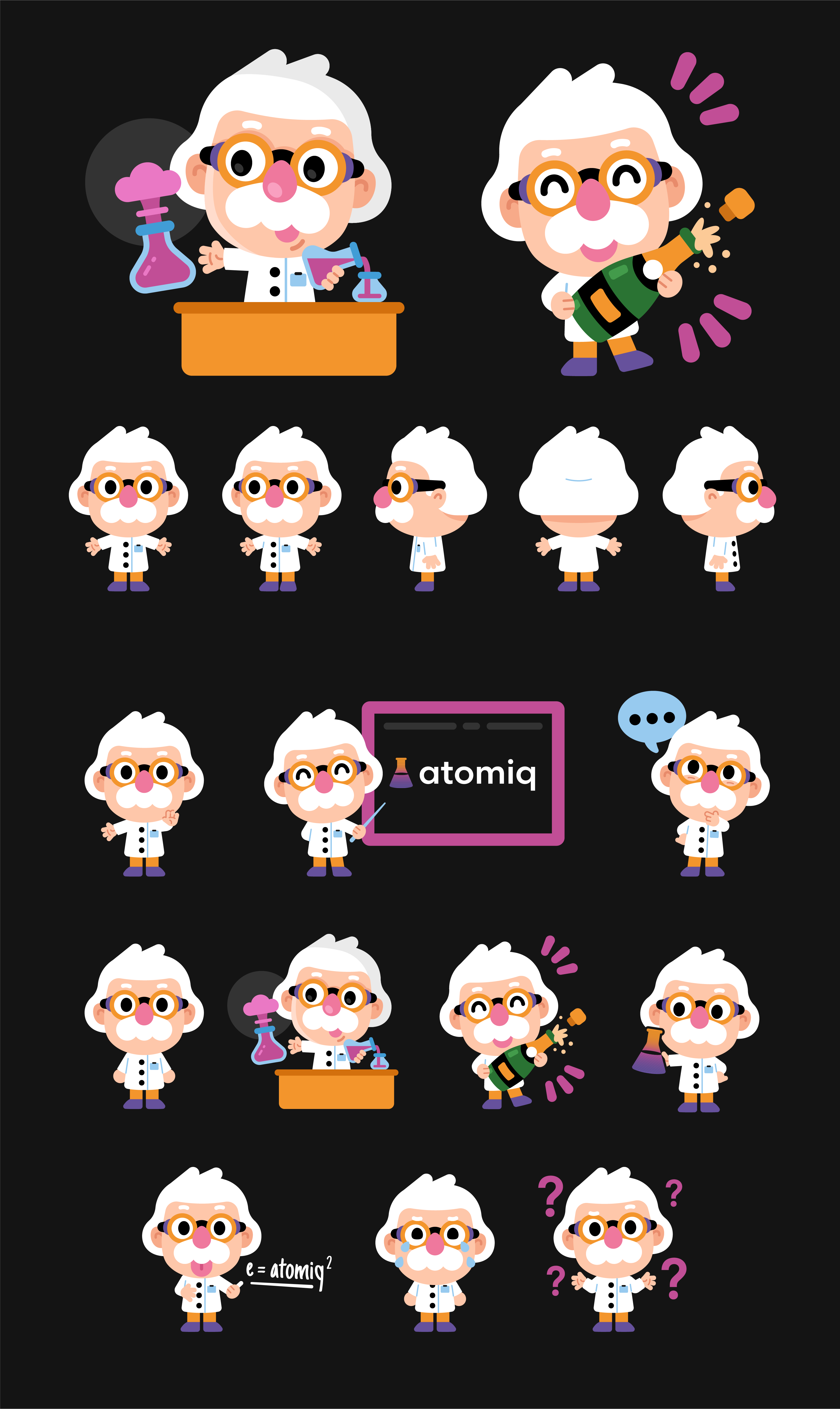 Atomiq Mascot branding cartoon character creative crypto cute digital einstein flat funny genius graphic design illustration lab logo mascot science scientist silly vector