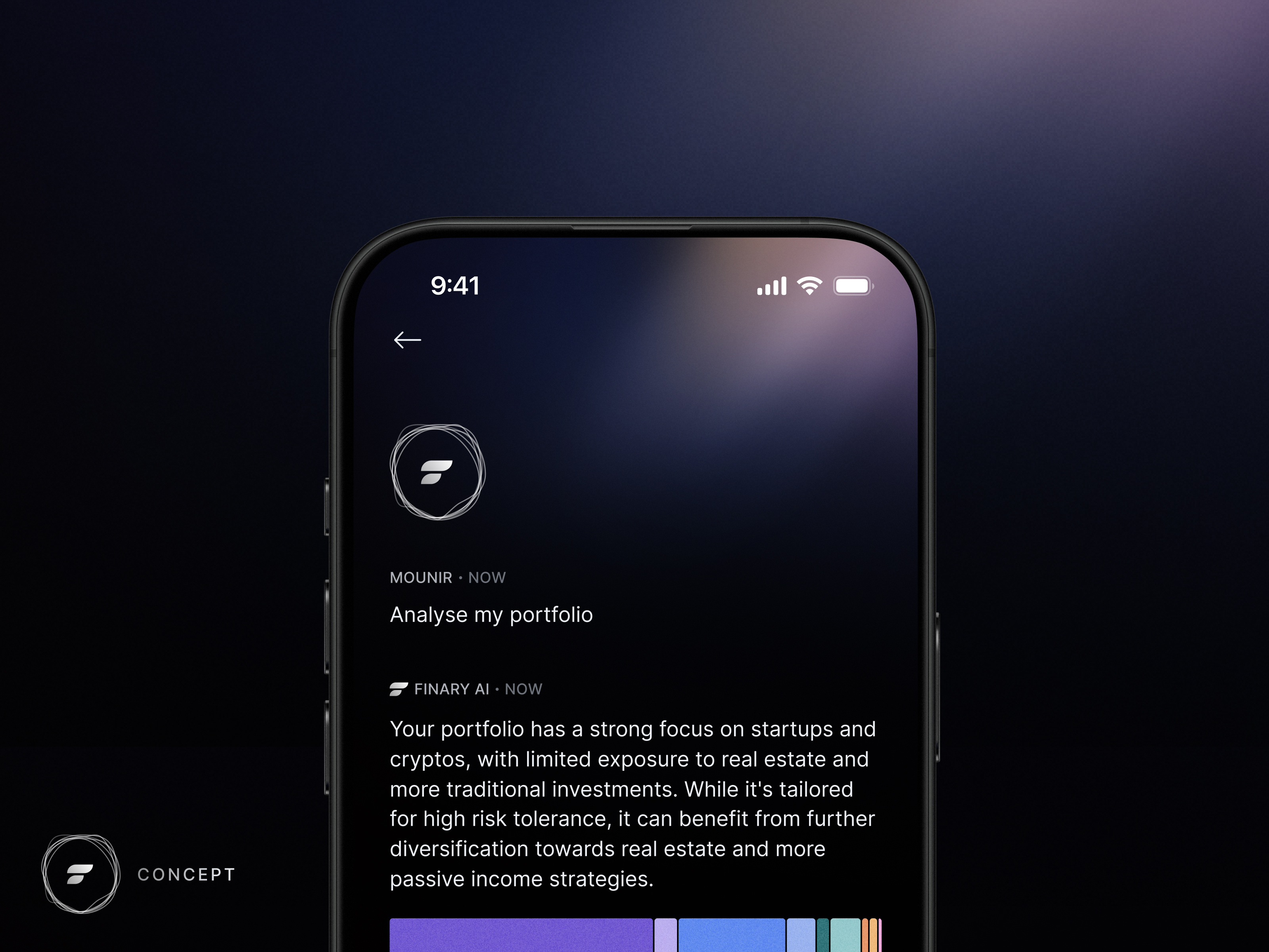 Finary AI - Empower your empire with smart guidance ai allocation bot branding chat crypto design finance financial finary gradient ia intelligence management money portfolio real estate repartition stocks ui