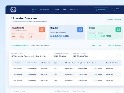 Investor Overview activity broker capital custodian dashboard design distribution insurance investment investor portfolio share statement tax ui ux strategy web