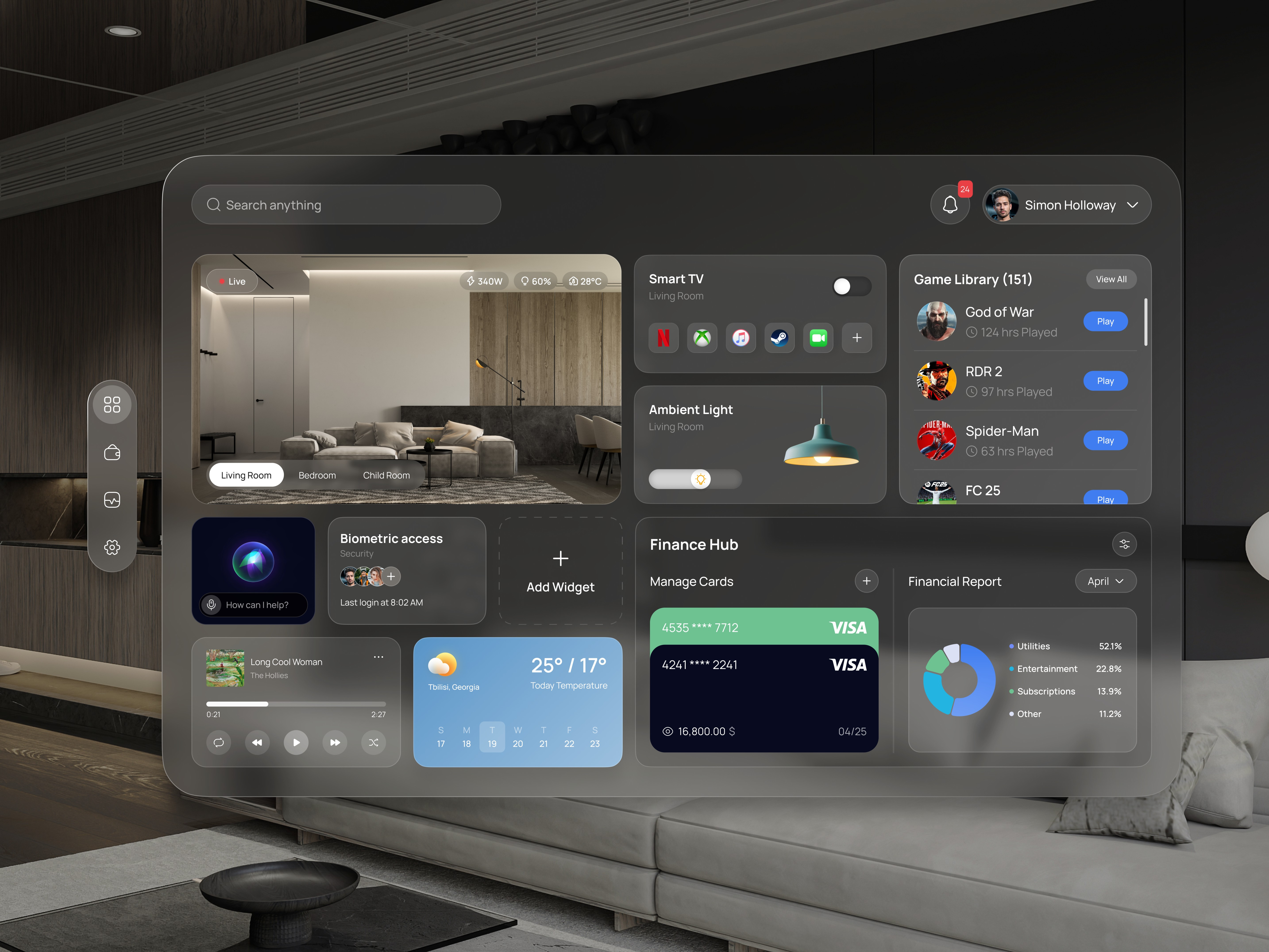 Smart Home Control Hub – Unified Dashboard UI applevision cleanui darkui dashboardui designsystem futuristicdesign interactiondesign interfacedesign modernui modulardesign productdesign smartdashboard smarthomeui uicomponents uidesign userinterface uxdesign uxinspiration visionpro webappdesign
