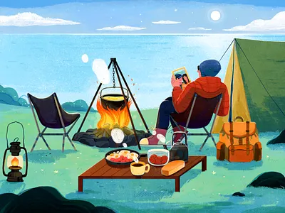 Wish you were here boy camp campfire camping character cook fire illustration landscape man outdoor people sea tent uran