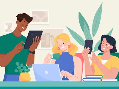 Team business character discuss flat girl illustration laptop man office room team vector woman work