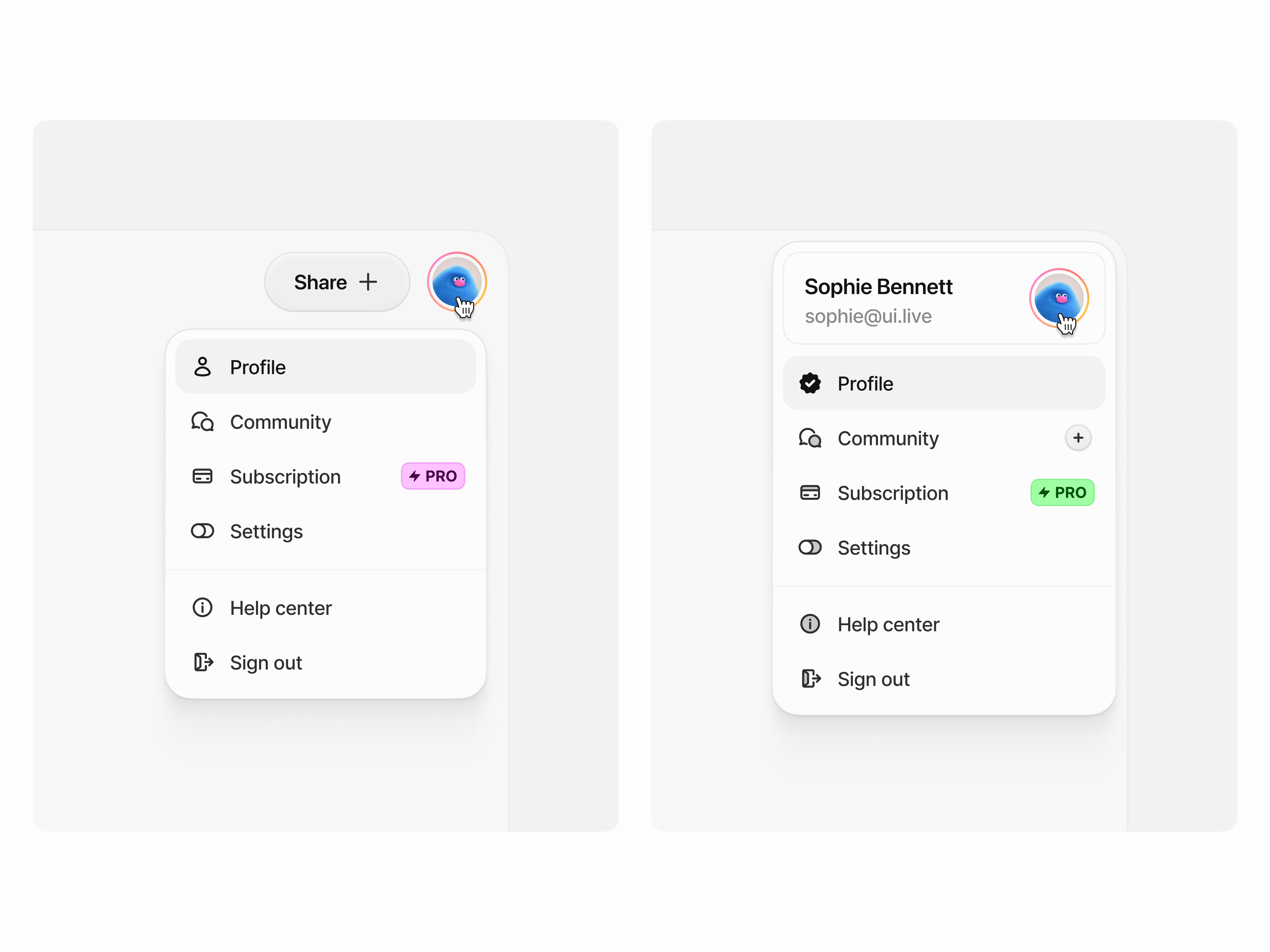 Account Dropdown account avatar clean dropdown icon menu menu item profile ui design user