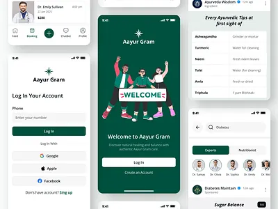 Aayur Gram - Ayurvedic Health & Wellness App UI/UX ayurveda booking design figma health health booking mobileapp natural remedies ui ui design ui kit uiux user interface wellness app
