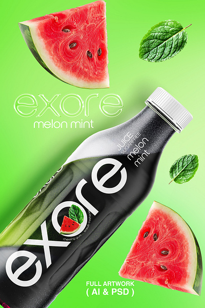 Exore Melon Mint Juice Bottle – AI & PSD Packaging Design beverage bottle identity