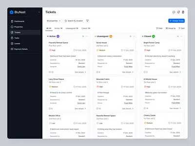 Real Estate Admin - Tickets admin panel adminpaneldesign clean ui dashboard dashboardui designinspiration designsystem kanbanboardui productdesign project management propertymanagementui real estate saas realestatedashboard saas saasdesign ticketmanagement uiux uxdesign webapp webappdesign