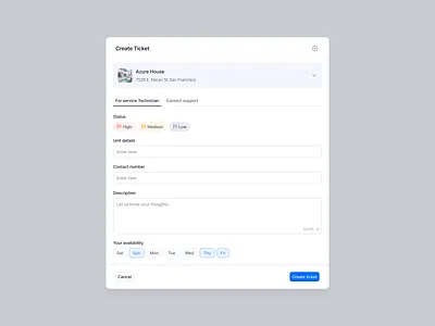 Real Estate Admin - Create New Ticket admin panel admindashboard clean ui cleanui components create new ticket dashboardmodal designsystem formdesign modal modaldesign productdesign propertymanagementui saas servicerequestui ticketingsystem uikit uiux webapp webappui
