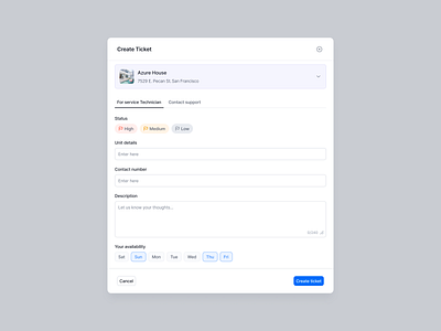 Real Estate Admin - Create New Ticket admin panel admindashboard clean ui cleanui components create new ticket dashboardmodal designsystem formdesign modal modaldesign productdesign propertymanagementui saas servicerequestui ticketingsystem uikit uiux webapp webappui