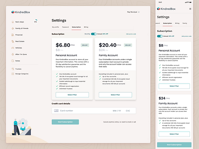 KindredBox - the roadmap for your loved ones after you’ve passed b2c category cloud manage mobile notes payment price product design saas settings sign up storage trustee ui ux web app