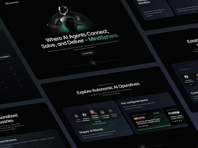 MindSphere | Dark UI Sections for AI Agent Platform agent ai ai agent animation artificial bento cards crypto dark ui features futuristic hero section intelligence modern design robot section ui ux web3