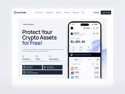 Guard Wallet | Hero Section for a Secure Crypto App Landing Page blockchain crypto crypto app dapp defi fintech hero section landing page layout mobile app onboarding responsive token wallet web3