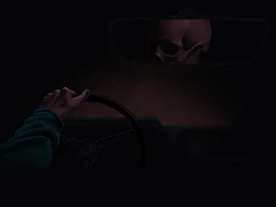 Rear View Mirror v2 car dark drapery drive driving folds hand headlights light lights moody night painting procreate reflection skeleton skull sleeve steering wheel value