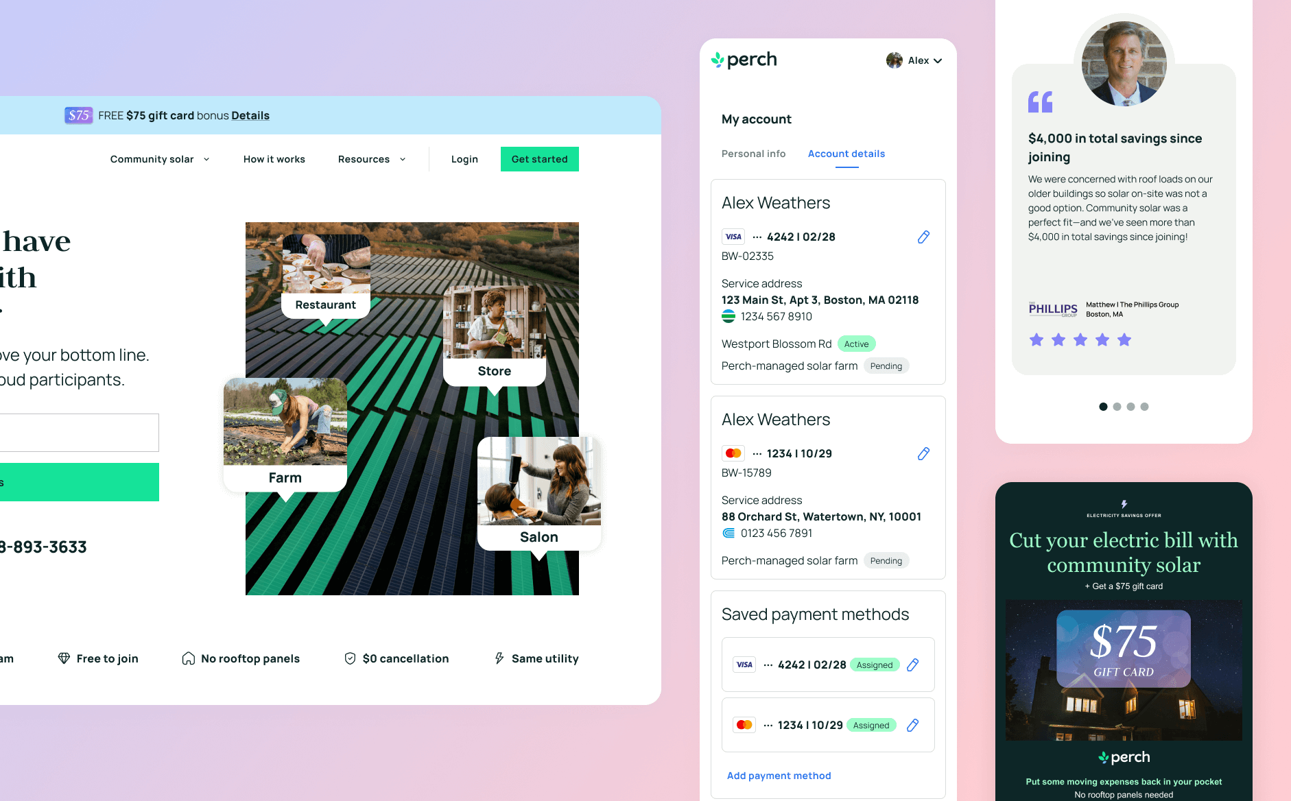 Perch Business: Landing Pages, Portals & Employee Perks account billing business carousel clean energy customer reviews enterprise hero landing page offer solar ui ux