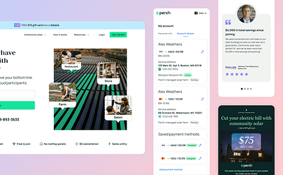 Perch Business: Landing Pages, Portals & Employee Perks account billing business carousel clean energy customer reviews enterprise hero landing page offer solar ui ux
