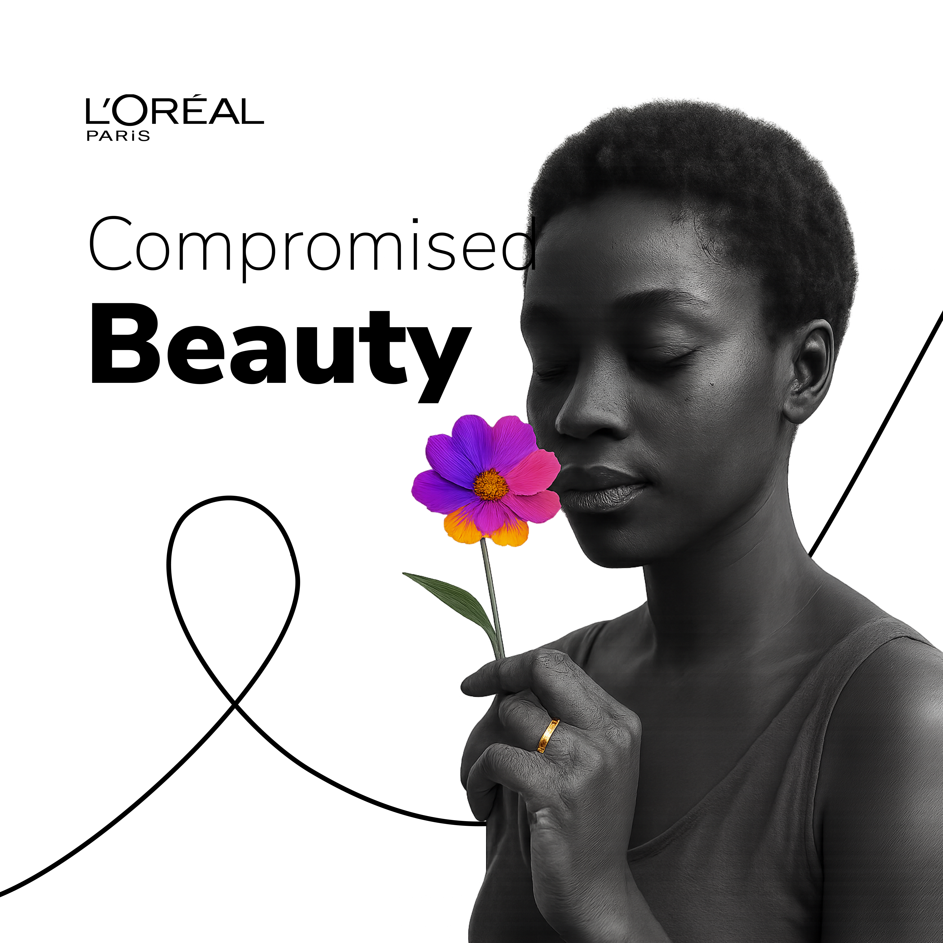 Beauty Beyond the Surface — A Visual Experiment in Contrast beautydesign blackandwhite chatgpt colorpop emotionaldesign empowerment fashionad figma loréalinspired photomanipulation visualstorytelling