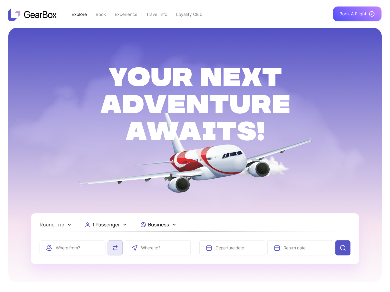 Travel Hero Section — GearBox UI Concept airplaneui branding design dribbbleshot fancy design figma figma design illustration modern ui purple saas ui userexperience ux ux design