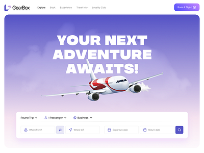Travel Hero Section — GearBox UI Concept airplaneui branding design dribbbleshot fancy design figma figma design illustration modern ui purple saas ui userexperience ux ux design