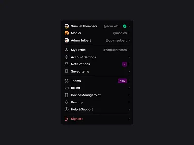 Dark Menu ⚙️ dark design dropdown menu minimal saas ui web design