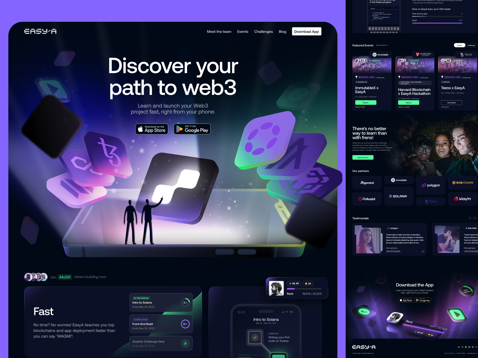 EasyA homepage animation blockchain branding btc courses crypto easya homepage illustration interactions jamm landing learning logo platform sol unfold webflow website