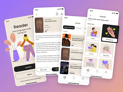Mobile App for Language Lovers – Reader UX Design app concept app design app interface book app clean ui daily ui education app fun learning ios app language learning learning app mobile app mobile ui product design reader app reading app uiux ux design