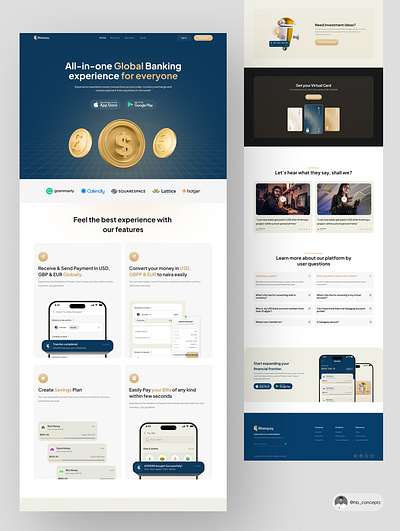 FINTECH LANDING PAGE FOR RHENPAY cross border developer finance fintech fintech app fintech landingpage fintech website fintech websites money productdesigner uidesigners uiuxdesigner usd