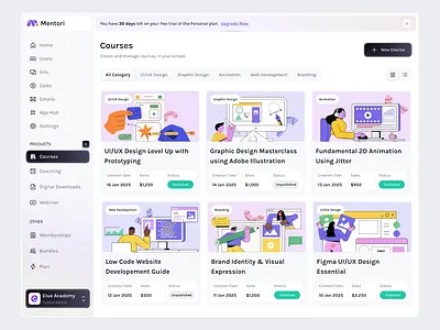 Mentori - Online Course Creator (Create Course Page) content builder course builder course creator course dashboard digital course digital learning educator tools edutech learning learning management system learning modul learning platform lms online classroom online course podia teachable teaching platform
