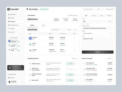 Cosmobit - Crypto Dashboard My Assets Page analytics animation assets bitcoin clean coin crypto crypto dashboar crypto wallet cryptocurrency design financial investment app saas ui uiux ux wallet web3