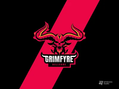 GRIMFYRE – a hellcore emblem forged in fire. aggresive blze brand identity branding demon design esport fire flame graphic design gym horn logo logo design modern ui visual