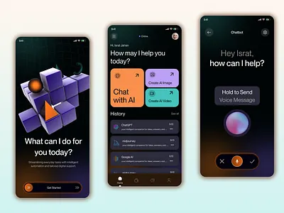 AI Assistant Mobile App UIUX Design aiinterface aimobileapp app branding darkmood design designsystem ecommerce illustration inspiration israt mobileapp ui uxisrat