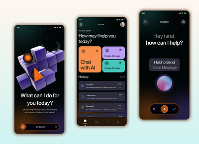 AI Assistant Mobile App UIUX Design aiinterface aimobileapp app branding darkmood design designsystem ecommerce illustration inspiration israt mobileapp ui uxisrat