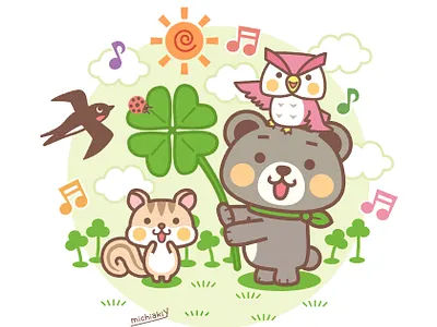 Bear & Chipmunk, Owl - Lucky Clover adobeillustrator adobephotoshop animal bear character chipmunk clover cute illustration illustrator kawaii luckyclover owl pop swallow