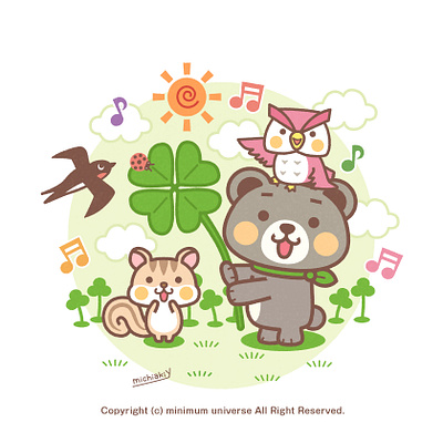 Bear & Chipmunk, Owl - Lucky Clover adobeillustrator adobephotoshop animal bear character chipmunk clover cute illustration illustrator kawaii luckyclover owl pop swallow