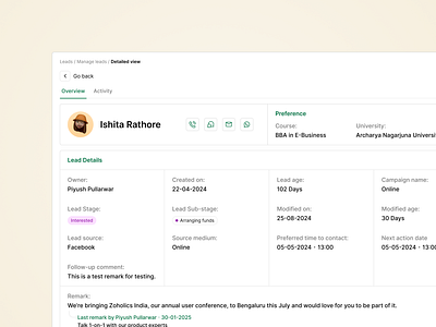 Detailed Lead View — CRM UI for Counselors data heavy layout