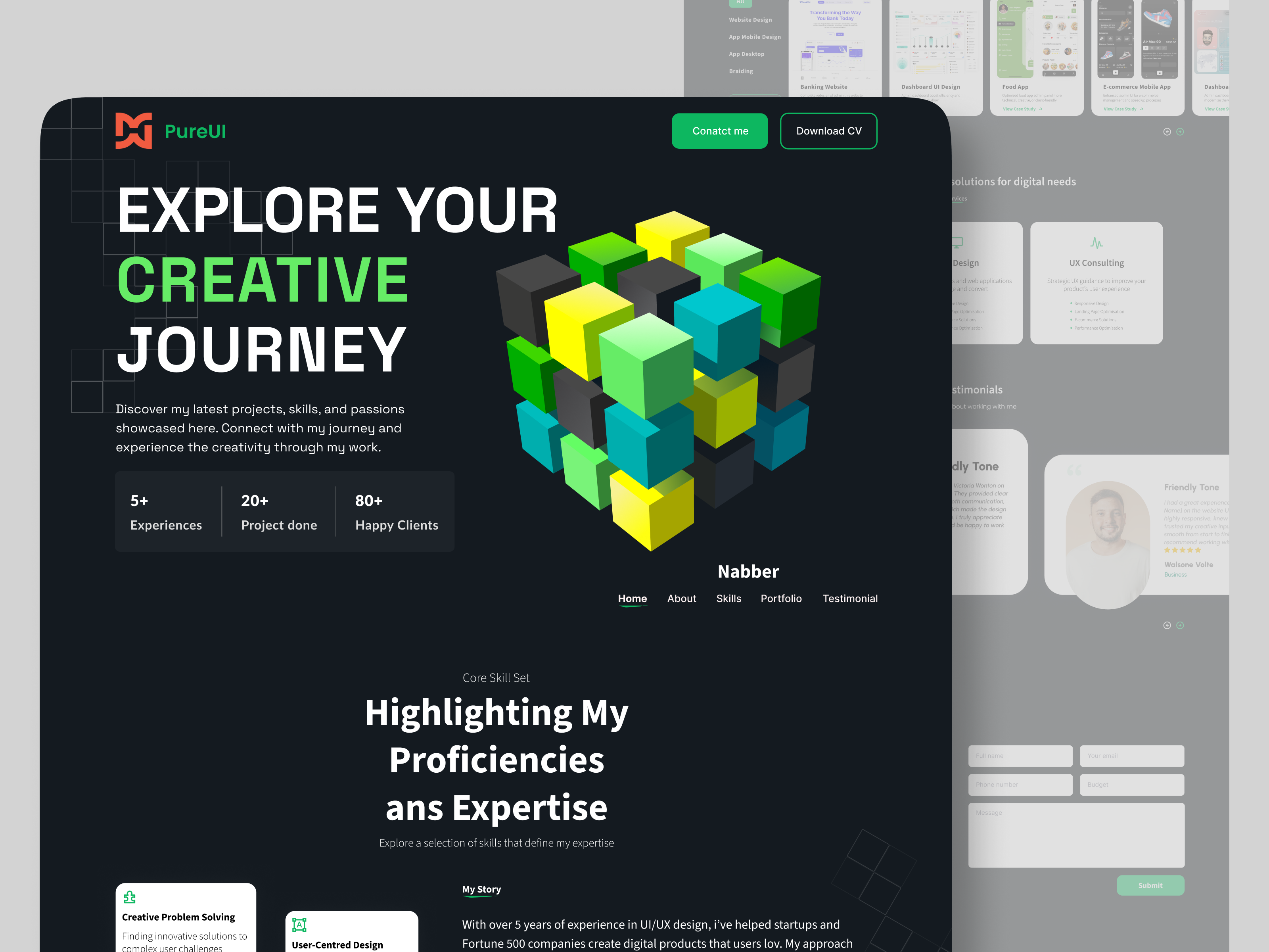 Personal Portfolio Website - UI/UX Designer 3d design aburayhan aburayhanux agency website branding creative dark mode figma interaction design interface landing page neon personal website portfolio typography uidesign uiux ux vector web design