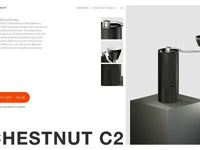 Timemore • Product detail 3d add to cart black cart chestnut coffee detail editorial graphic design grinder handle knurling product shop ui ux
