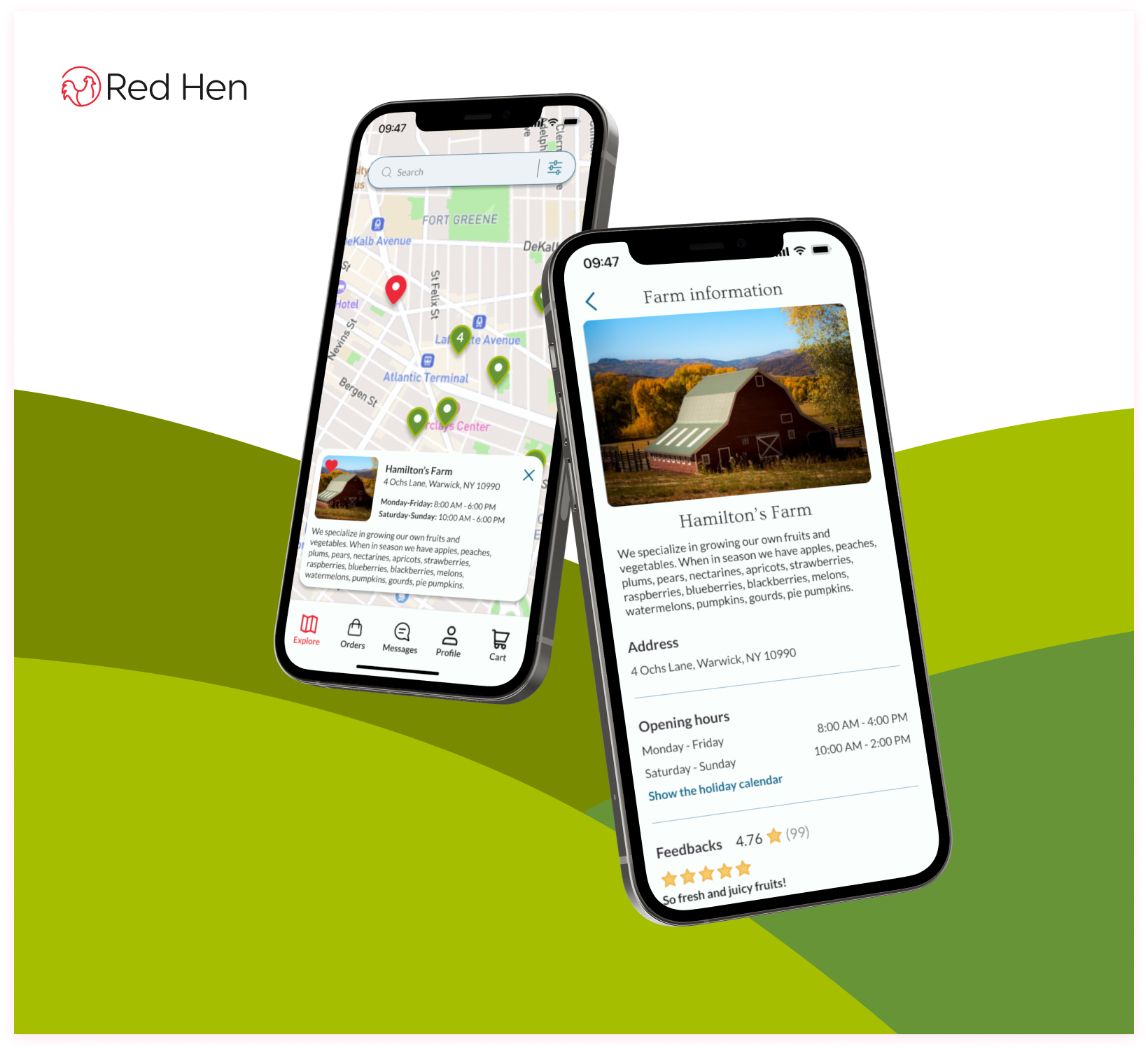 Red Hen - farming app UI/UX community customer eco ecom explore farm green product ui ux well being
