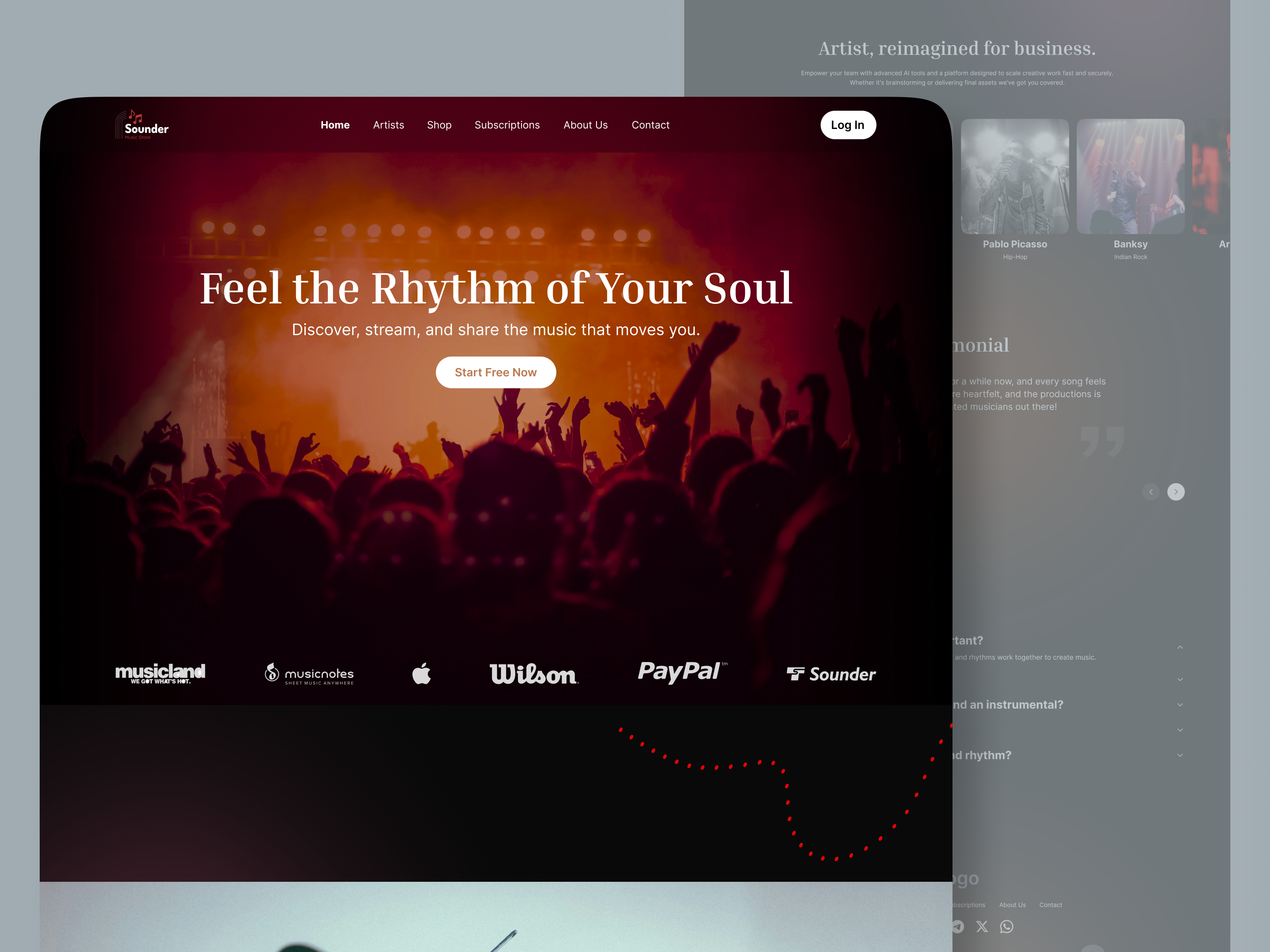 Sounder – Music Streaming & Artist Discovery Landing Page 2025 aburayhan aburayhanux artist portfolio concert dark mode entertainment figma graphic design landing page landingpage music app streaming service trending typography ui design ux uxui web design website concept