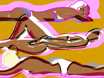 "Sunbathers on Golden Sand — Summer Came Calling" Art Print bold friends gouache ladies maximalism maximalist painting people summer sunbath suntan women