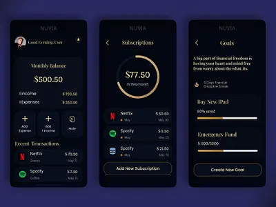 Personal Finance App UI – NUVIA clean ui finance app goal tracker graphic design personal finance ui ui design