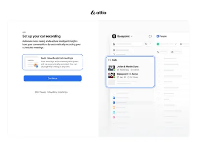Attio – Call intelligence Onboarding attio call intelligence call recording cards crm cta illustration light onboarding settings sign up simple user centered user interface video