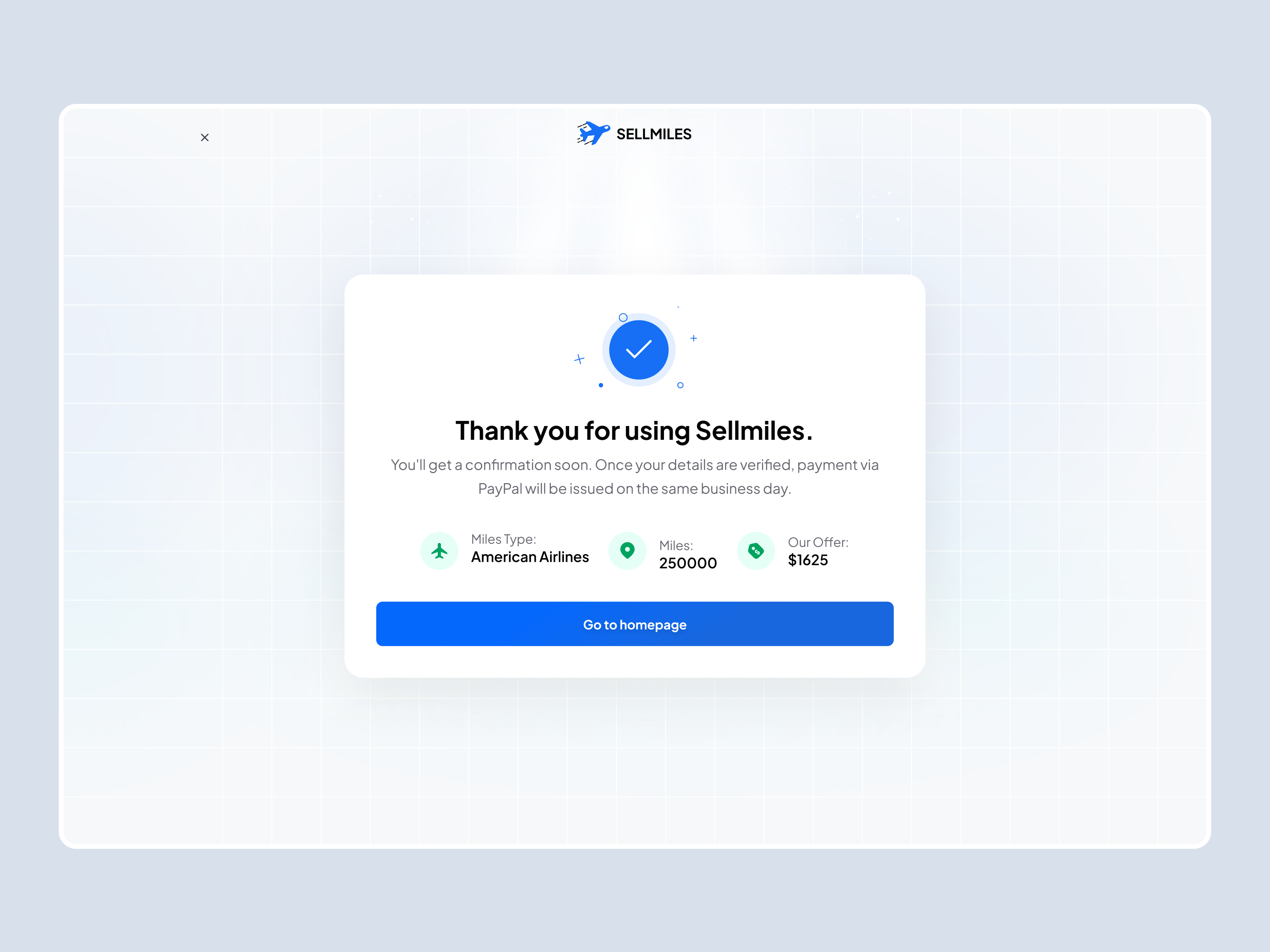 Example of Success Confirmation model/popup UI/UX