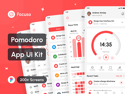 Focuso - Pomodoro App UI Kit app app design application design design system figma focus session app focus timer app interface mobile app pomodoro app portfolio productivity app task management app template time tracker app ui ui design ui kit uiux