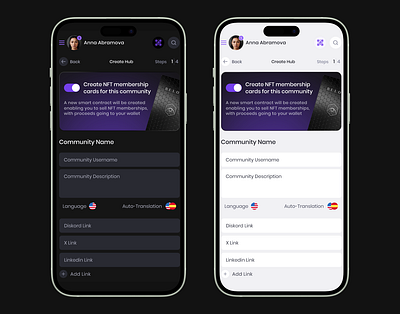 Community creation screens (dark/light) for belong.net app belong blockchain community dark light ui ux web3