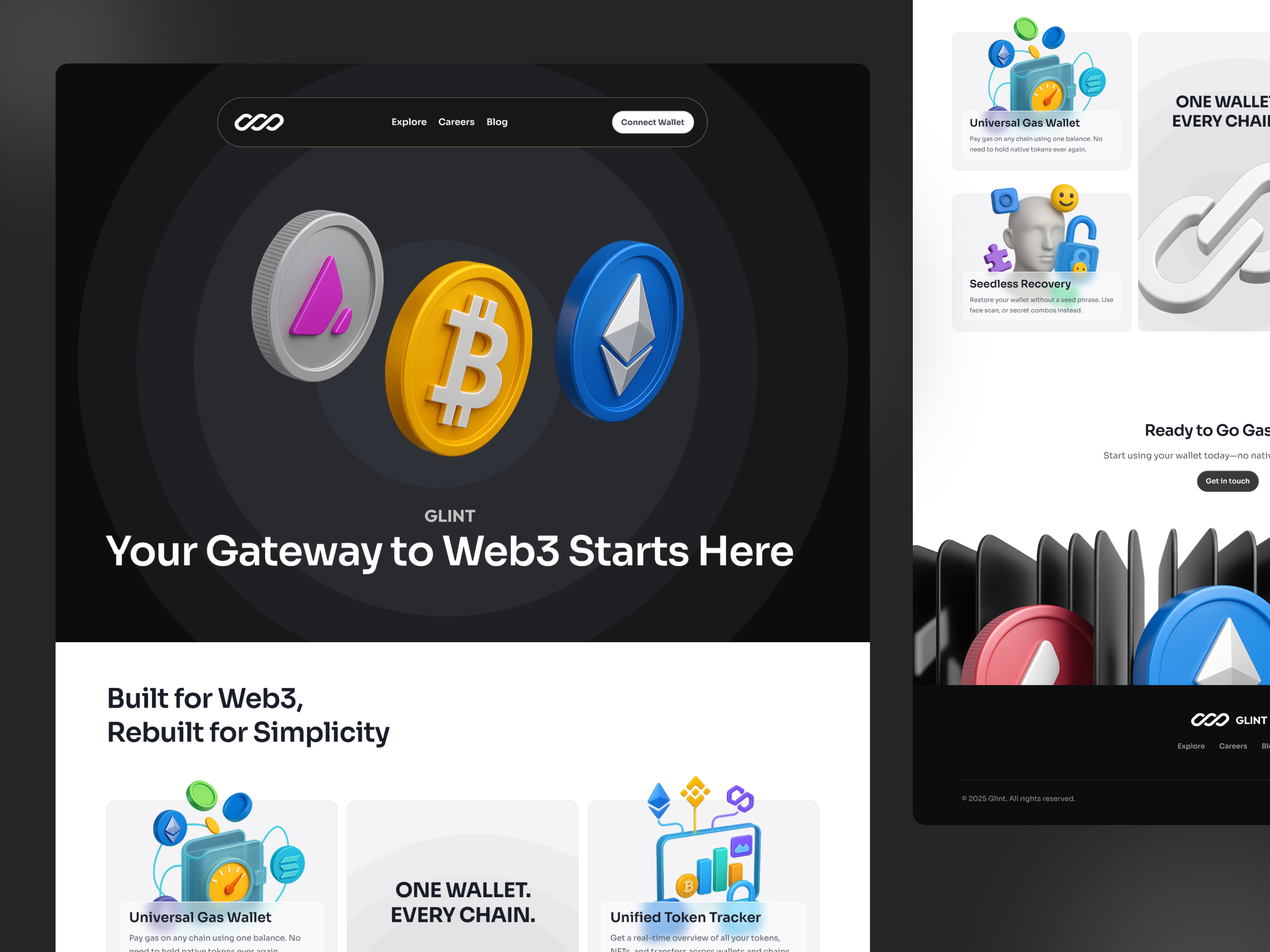 Glint - Web3 Wallet Landing Page banking blockchain app clean coin crypto app crypto swap cryptocurrency design fintech landing page payment solana startup swap token uiux wallet web site web3 website