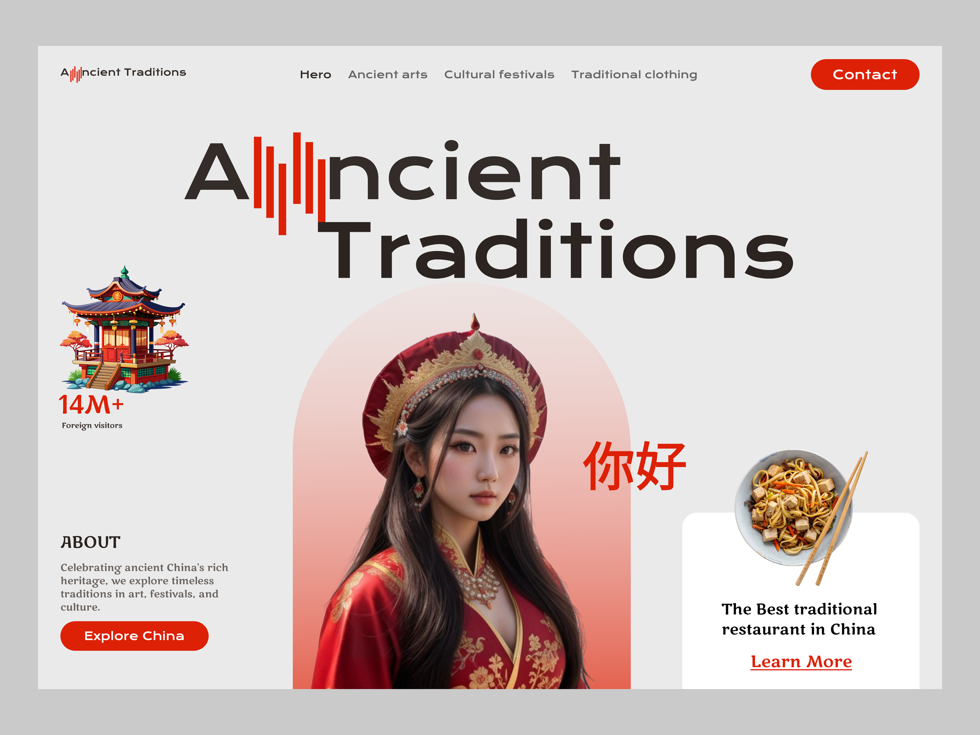 Ancient Traditions of China – Hero Section UI Design above the fold ancient china chinese food chinese tradition cultural design dribbble shot figma ui hero section high impact design landing page design modern ux scroll trigger ui design ux for china web design inspiration