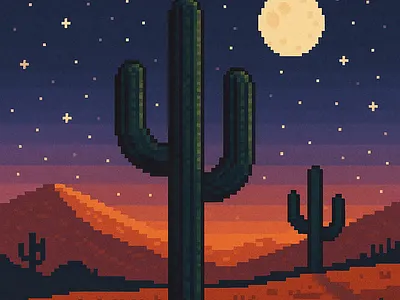 Pixel cactus under the moon sky pixel cactus moon